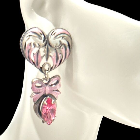 Banana Bob Victorian heart bow silver pink enamel crystal earrings 2” x 1” - Picture 5 of 5